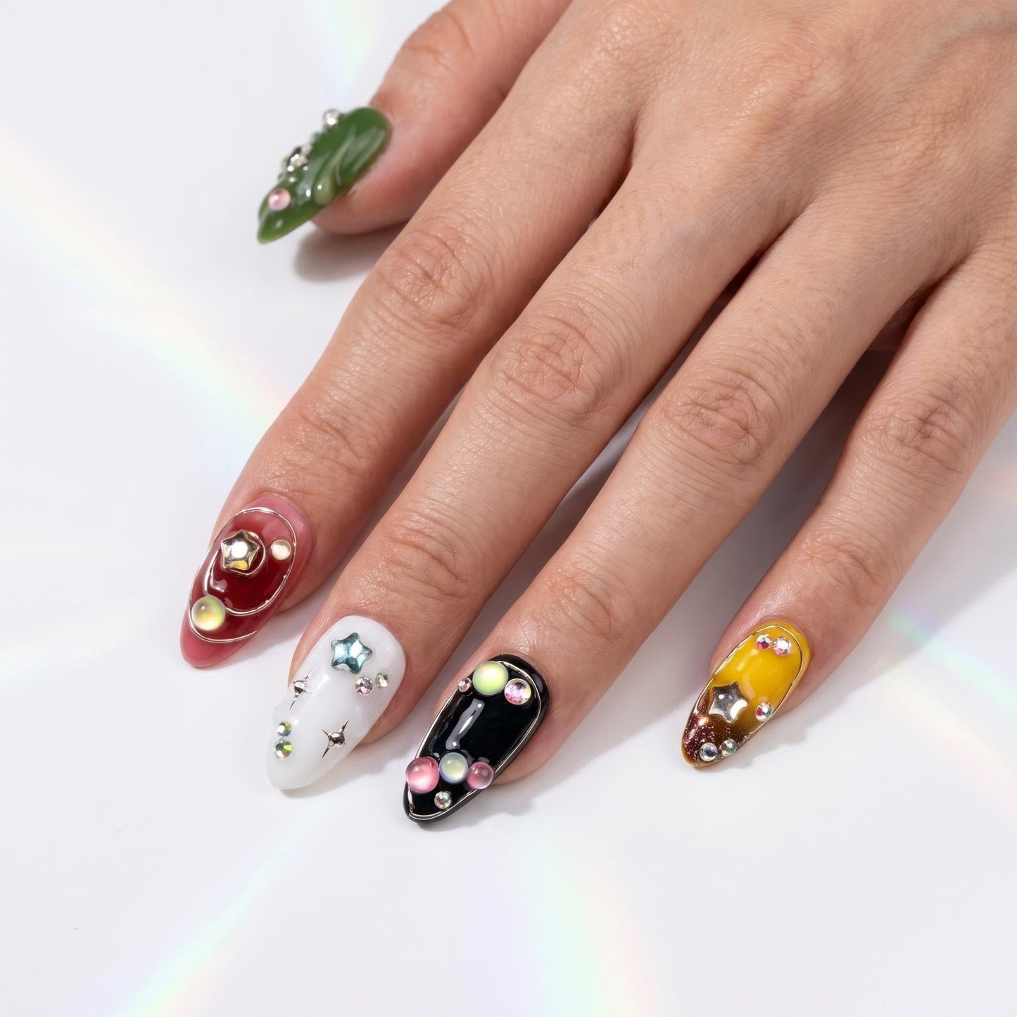EasierGlow 10 Pcs Handmade Short Almond Press On Nails - Easy Apply & Remove, Reusable & Salon Quality | Y2K Gothic Multicolor Fake Nails with 3D Star, Gemstone & Swirl Sculpted Accents (EG01, S)