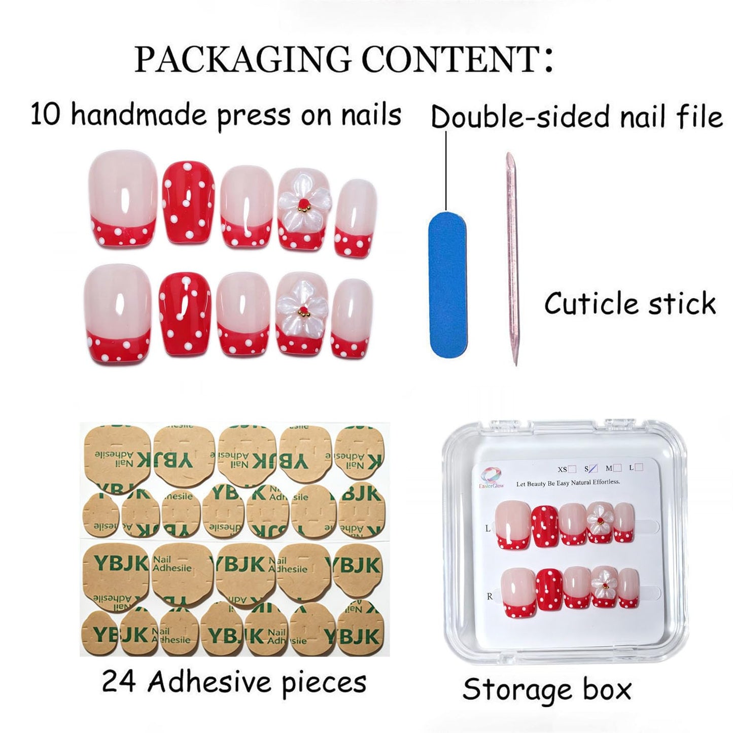 EasierGlow 10Pcs Handmade Short Square Press On Nails | Easy Apply & Remove, Reusable Salon Quality Nails | Nude Red Polka Dot French Press Ons with 3D White Flower & Gold Bead Accents (Y209, S)