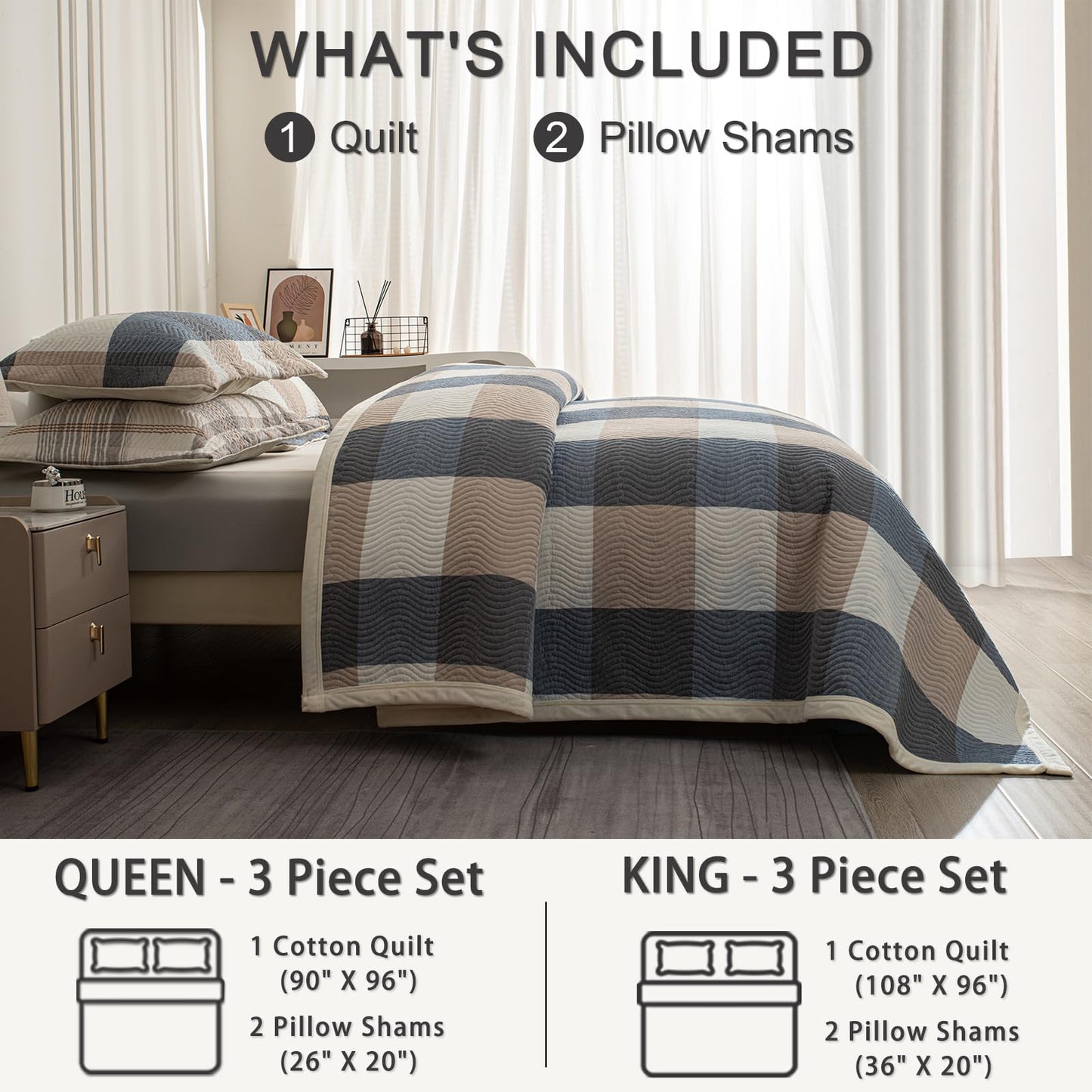 tohrisa Cotton Plaid Quilt Set, Ultra Soft 3 Pieces King Size Bedding with 2 Pillow Shams, Lightweight Reversible Coverlet Bedspread with Wave Quilting for Summer, 108"x96", Grid-Beige Blue