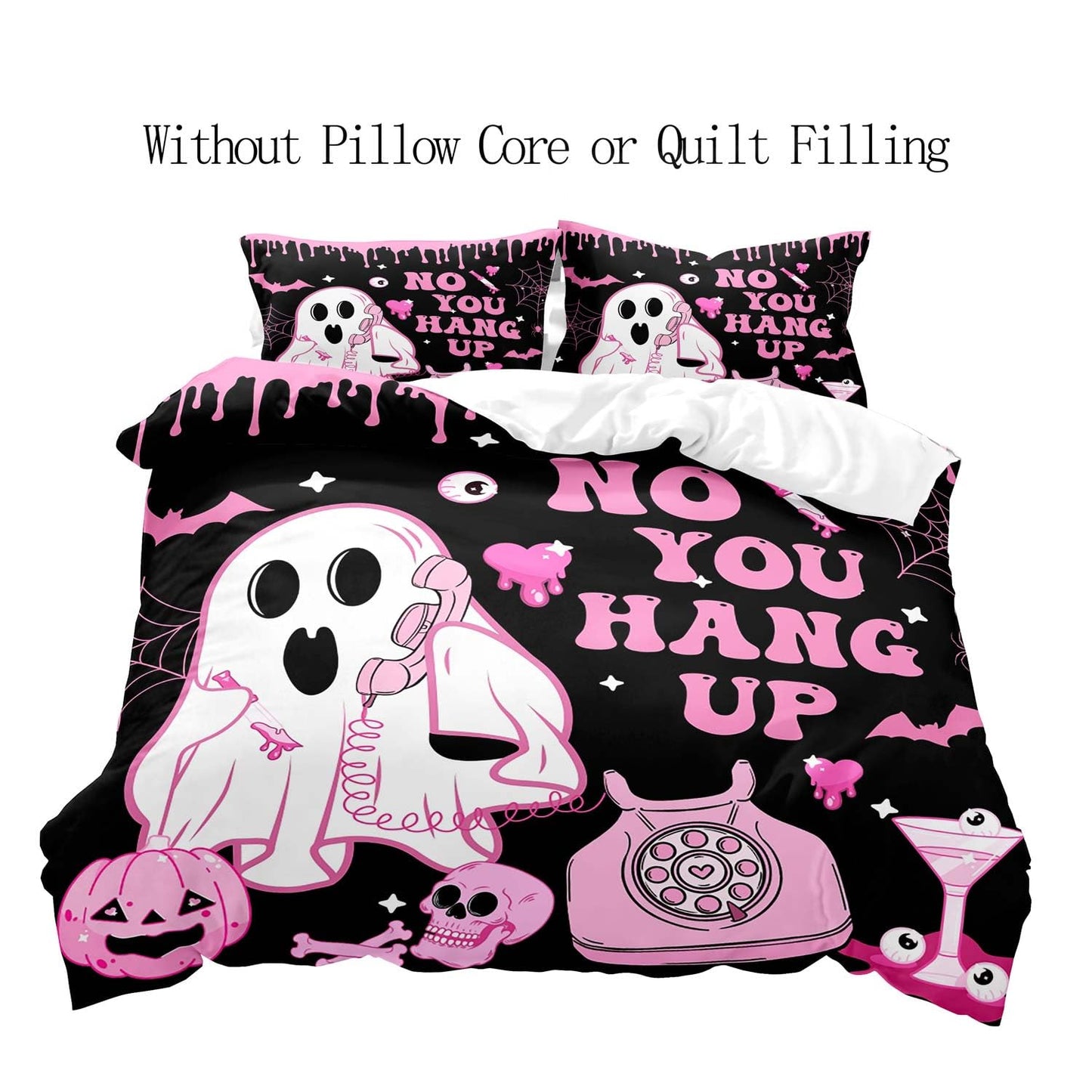 LUVIVIHOME 3PCS Cute Pink Ghost Duvet Cover Queen Bedding Sets, Girls Boys Kids Bedding, Black Duvet Cover, Funny Spooky Pumpkin Skull Bat Spider Web Eyeballs Halloween Comforter Cover, 2 Pillow Cases