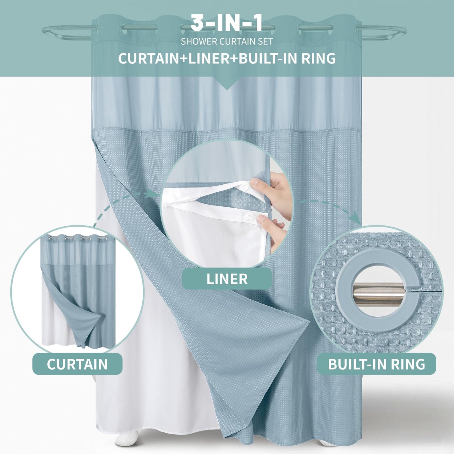 eachope Teal Hook Waffle Weave Shower Curtain with snap-in Liner Replacement, 230GSM Waterproof Fabric Hotel Shower Curtain Set for Bathroom, Through Mesh Top Window,71Wx77H