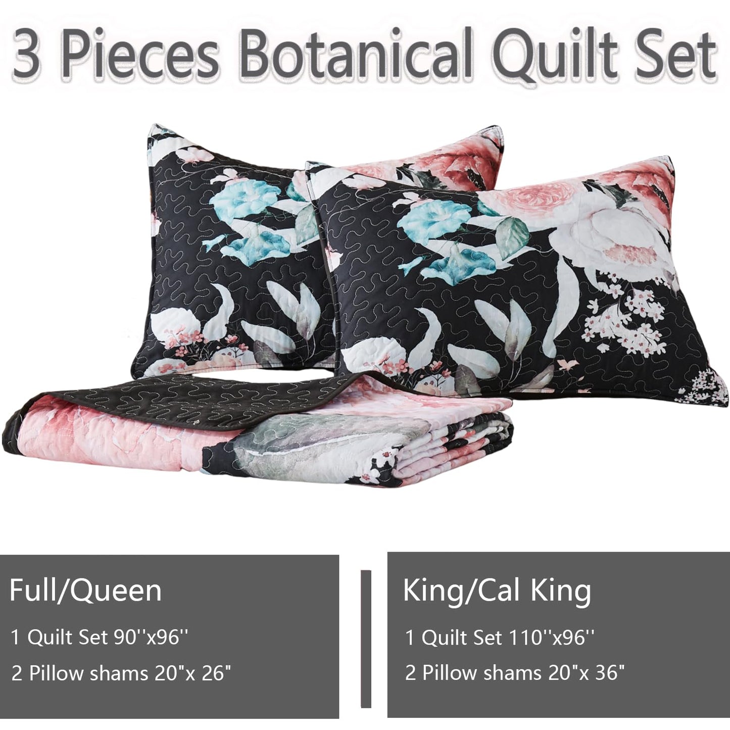 Yogeneg Full Queen Size Quilt Set, Pink Floral Botanical Pattern Black Bedding Set,3 Piece Lightweight Soft Summer Bedspread Coverlet with 2 PIillow Sham for All Season(Pink Floral,90"x96")
