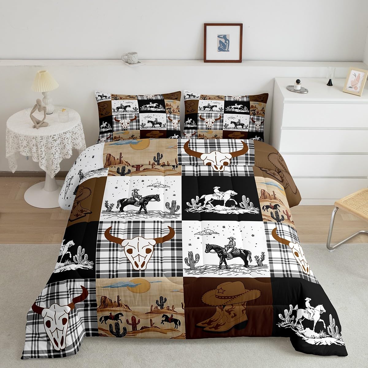 Erosebridal Boho Horse Skull Bull Bedding Set Twin, Western Cowboy Country Hunting Comforter Set, Exotic Wild Animal Plaid Check Adventure Comforter, Southwestern Rustic Farmhouse Quilt