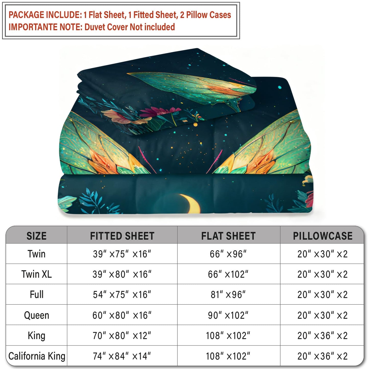 Butterfly Floral Sheets King for Kids Teen Women Girls, Natural Flower Botancial Moon Bed Sheets Set 4 Pcs Psychedelic Galaxy Moon Patterned Bedding (1 Fitted Sheet, 1 Flat Sheet) & 2 Pillowcases