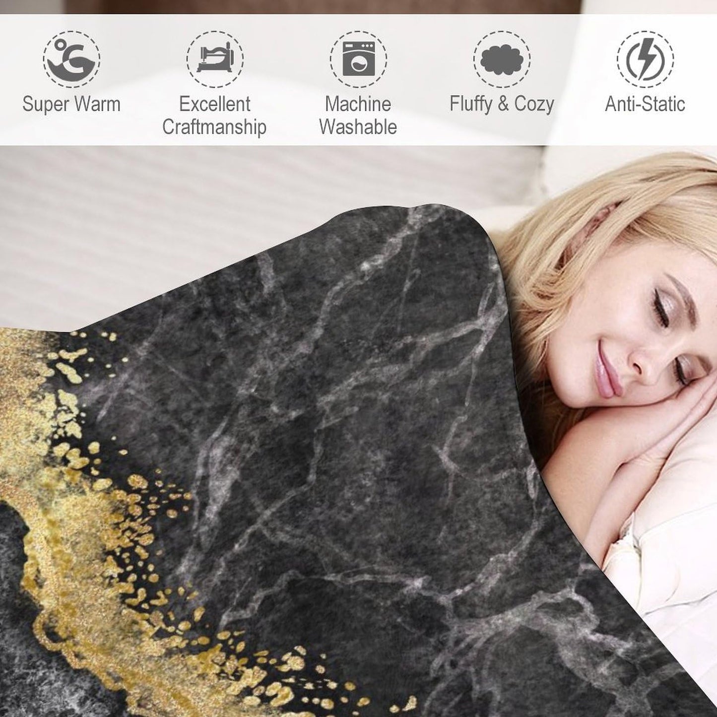 Marble Throw Blanket for Bed Sofa, 40"x50" Super Soft Warm Cozy Fluffy Plush Blanket, Modern Luxury Texture Black Grey Gold Marble Flannel Couch Blanket for Travel Camping