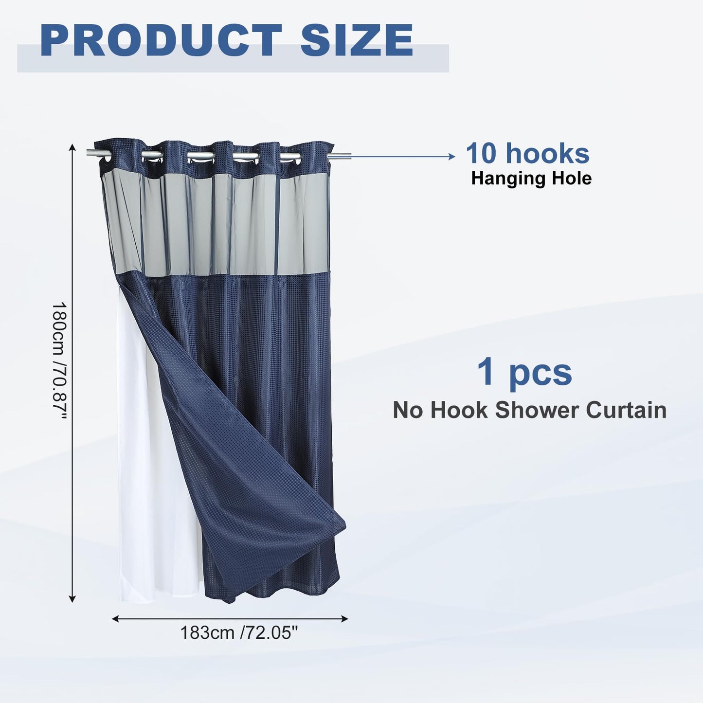 DTGN No Hook Shower Curtain, 71Wx72L Polyester Snap-in Removable Liner Set, Waterproof Washable Waffle Weave Textured Shower Curtains for Home Bathroom Hotel, Navy Blue