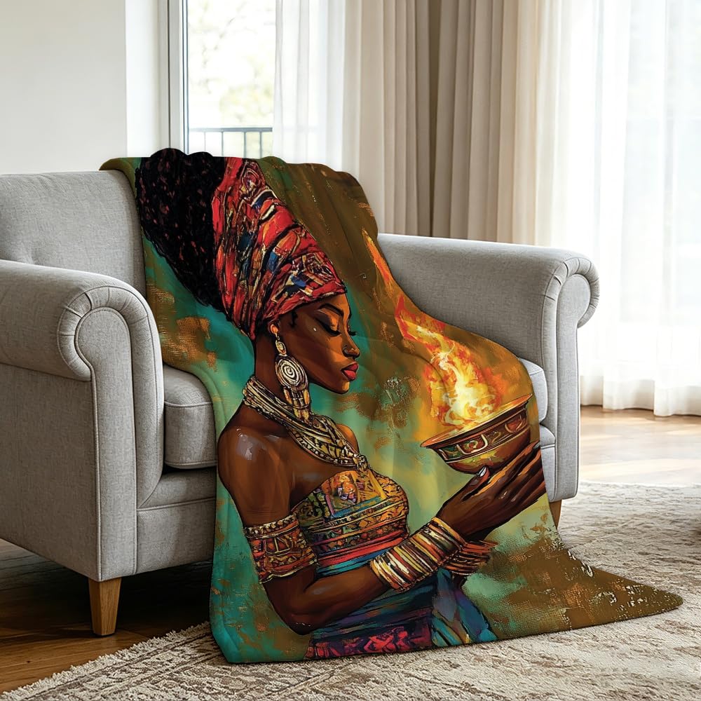 HUNXIAOJ African American Throw Blanket Black Girl Blanket African Gifts for Women Tribal Bedding Ethnic Decor Warm Soft Flannel for Sofa Couch (49in x 59in)