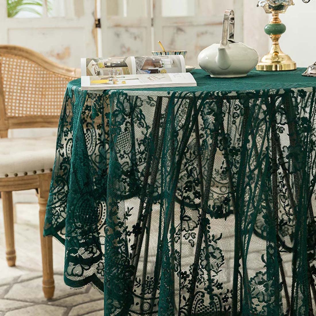JAIJY Vintage 60 inch Green Lace Tablecloth Floral Embroidered Boho Shabby Chic Small Table Cover for Wedding Halloween Party Dinning Holiday, 1 Piece