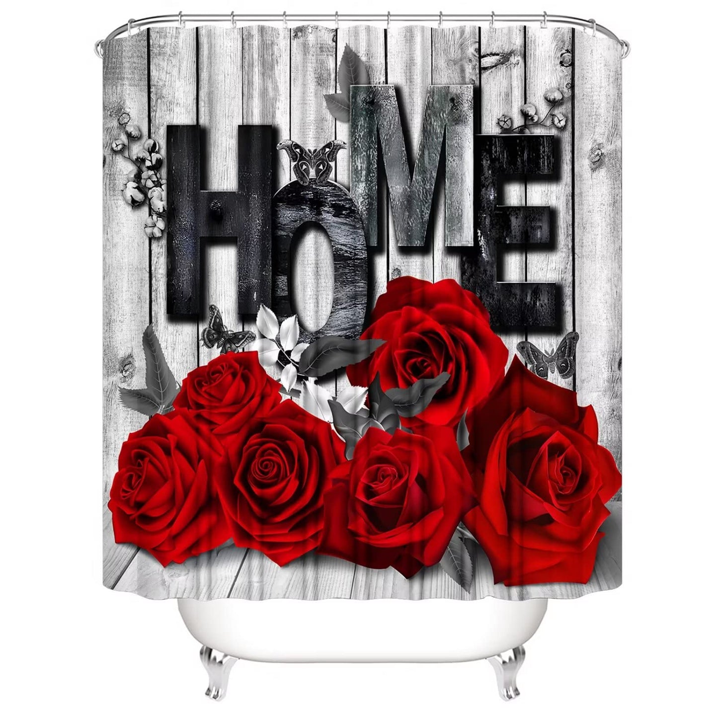 Yddsky Red Rose Valentines 4 Pcs Shower Curtain Sets Non-Slip Rugs Bath Mat Toilet Cover U Shaped Mat Romantic Red Bathroom Decor with 12 Hooks Valentines Day Bathroom Set