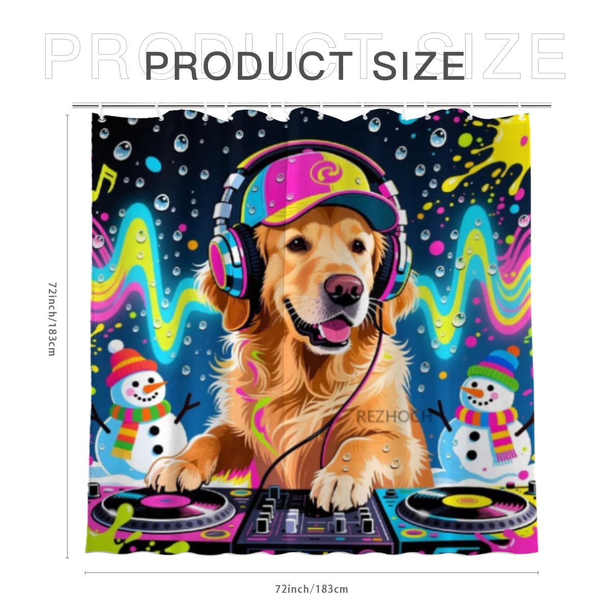 REZHOCH DJ Golden Retriever with Headphones Snowman Winter Shower Curtain Durable Waterproof Fabric Colorful Cartoon Fun Dog Vibrant Holiday Home Bathroom Decor 72x72Inch with Hooks