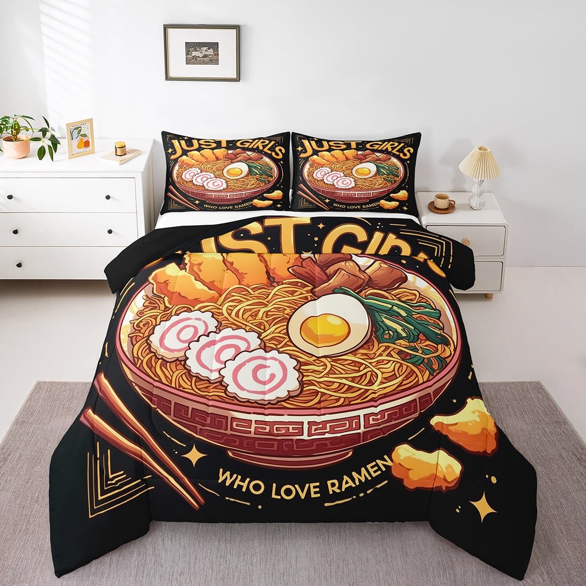 Erosebridal Japanese Ramen Bedding Set Queen,Ramen Noodle Comforter Set Funny Gifts for Kids Teens Adults,Anime Style Quilt Bed Set Food Theme Bedding Comforter Sets with 2 Pillowcases Room Decor