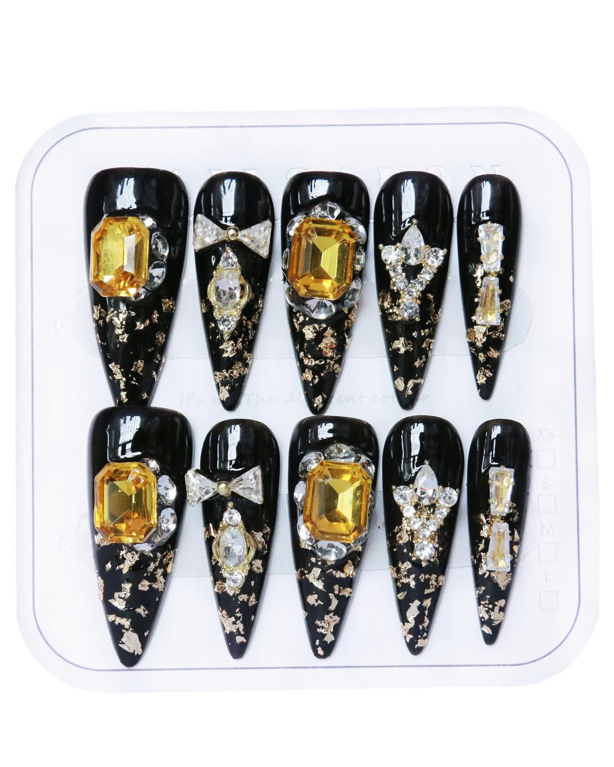 CAMILCY Luxury Handmade Press on Nails Black Gold Stiletto Glossy Reusable Long Fake Nails with Gold Foil Salon Quality Elegant Acrylic Artificial Nails for Women 10pcs (A020, M)