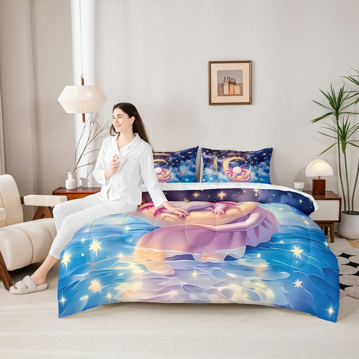 Erosebridal Kids Cute Axolotl Queen Comforter Set Teen Girl Cartoon Ocean Animal Bed in a Bag Preppy Dreamy Fantasy Axolotl 7-Piece Bedding Set Space Stars Galaxy Salamander Quilt Duvet Sets