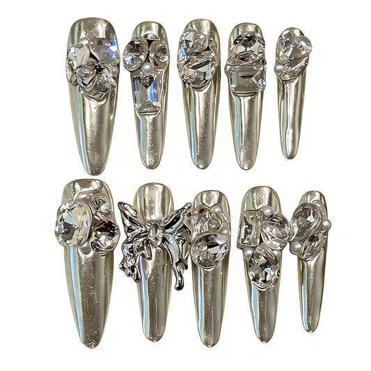 Handmade Press on Nails Stiletto Full Diamond Butterfly Metal Decoration on Long Pointed Magic Mirror Silver Sweet and Cool Retro Handmade Stiletto Press on Nails 3D Luxury Press on Nails（S）