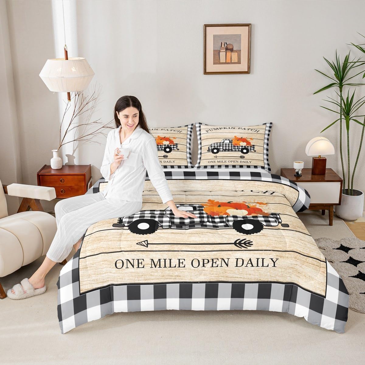 Homewish Pumpkin Grid Truck Bedding Set Queen Size,Rustic Farmhouse Comforter Set Kids Boys Girls Room Decor,Autumn Plants Themed Quilt Set Halloween Style Duvet Insert 3pcs with 2 Pillowcases