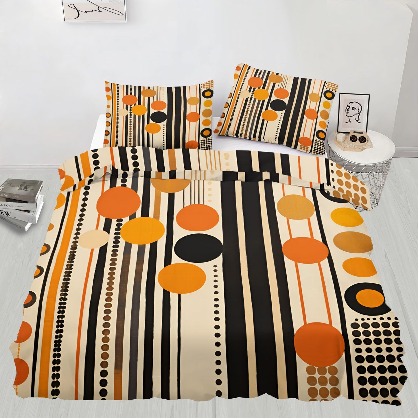 QINYUN Retro Middle Ages Duvet Cover California King, Orange Geometric Art Bedding Set 3 Piece Bedroom Decor Modern Stripes Patterned Comforter Cover with Zipper Ties & 2 Pillowcases