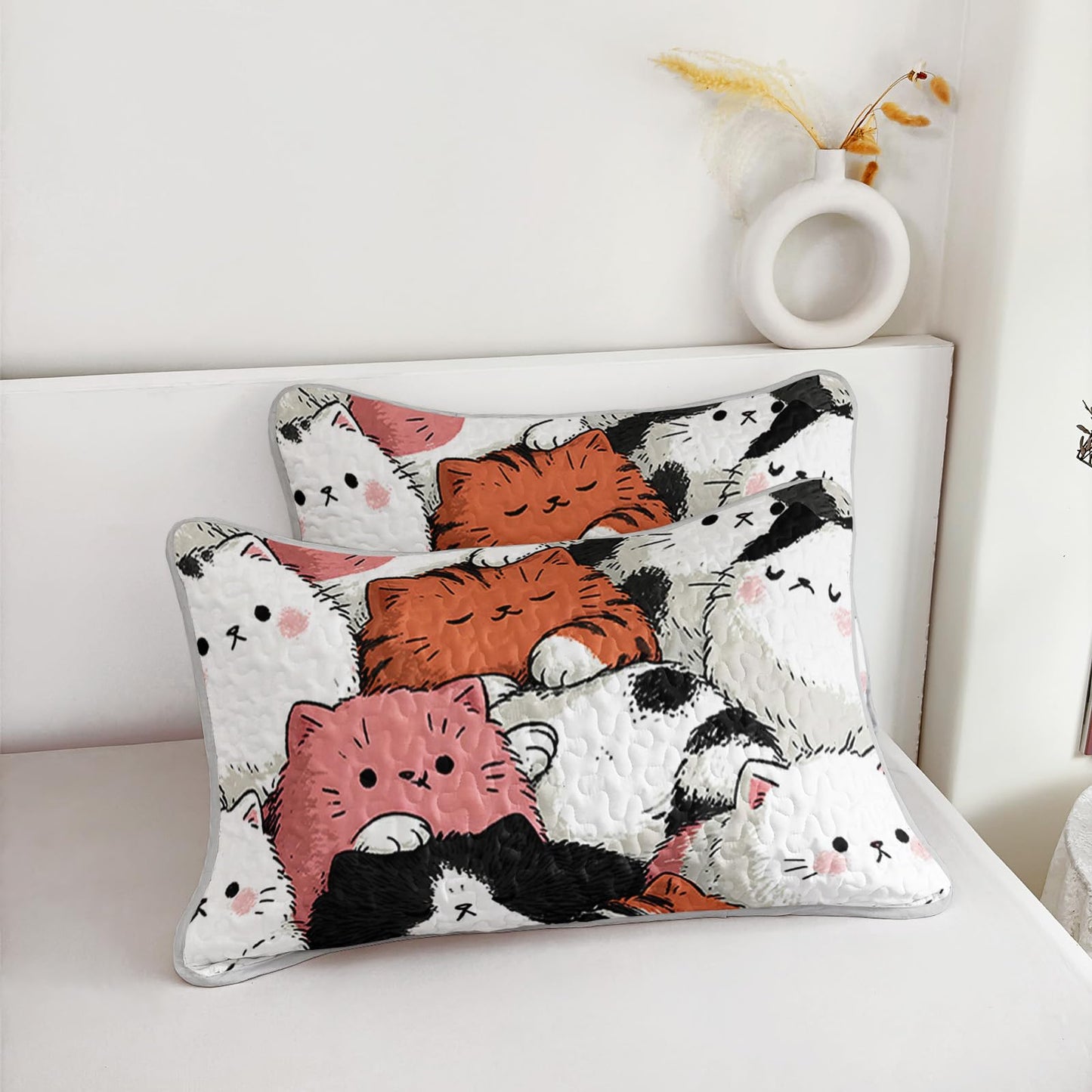 AILONEN Full Quilted Comforter Set 3 Piece, Whimsical Lazy Kitten Bedspread Coverlet 2 Pillowcases, Soft Artistic Feline Bedding Teens Apartment Cozy Chubby Cat Animal Print Multi