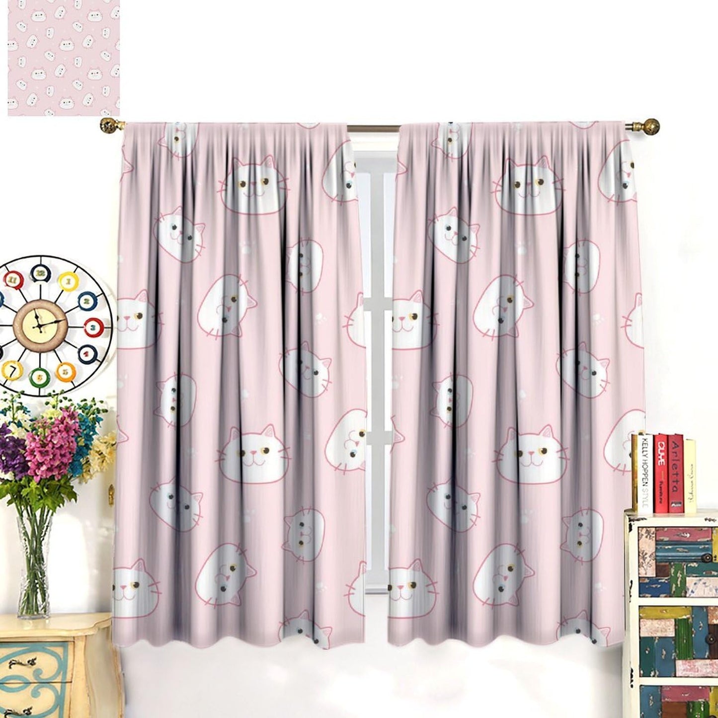 YSWOW Cat Pink Curtains for Girls Bedroom Decor Cartoon Cute Animals Art Printed Blackout Window Drapes for Living Room Decor Fabric Set 2 Panel 42x45 Inch 20% Shading Rate