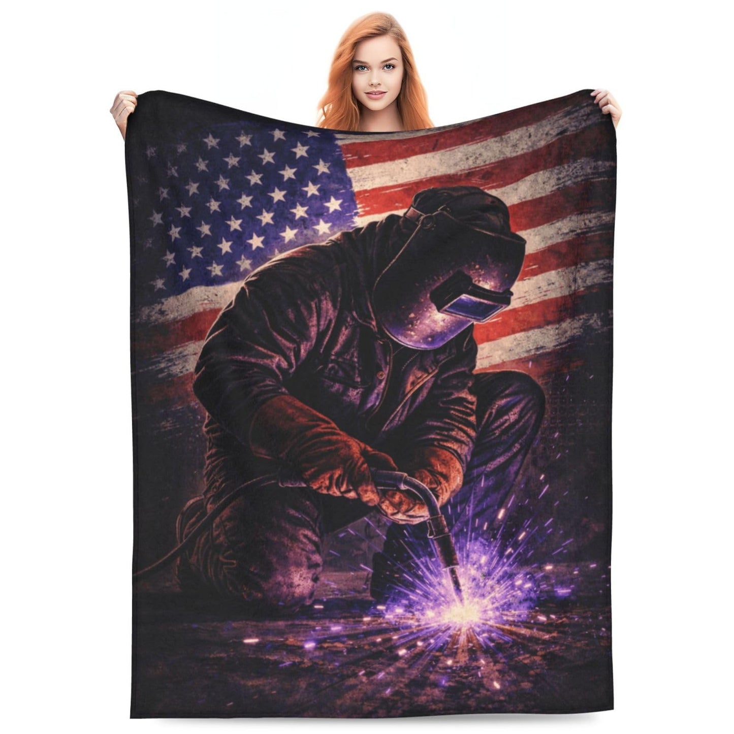 Welder American Flag Blanket, Gifts for Women, Worker Welding Soft Lightweight Throw Blankets for Kids Girls, Travel Bed Living Room Decor, 50x60in