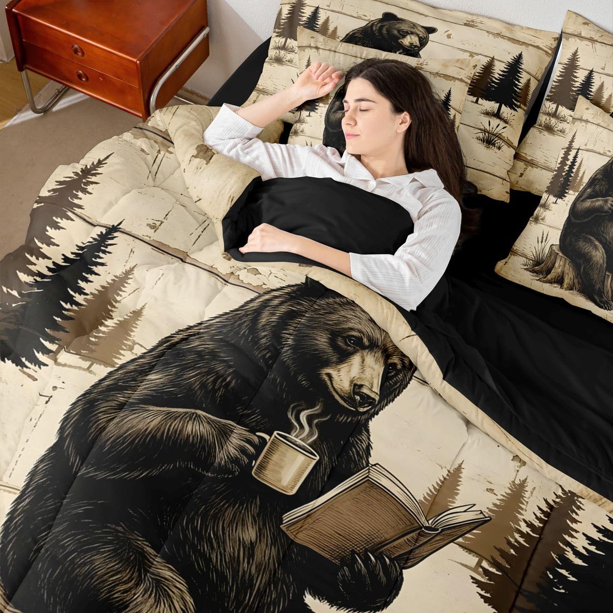 Feelyou Bear Comforter Set Twin Size 7 Pieces Rustic Cabin Country Bedding Set for Kids Boys Girls Lake Life Bed in a Bag with Comforter, Sheets, Pillowcases, Cushion Covers Wild Animal Bedroom Decor