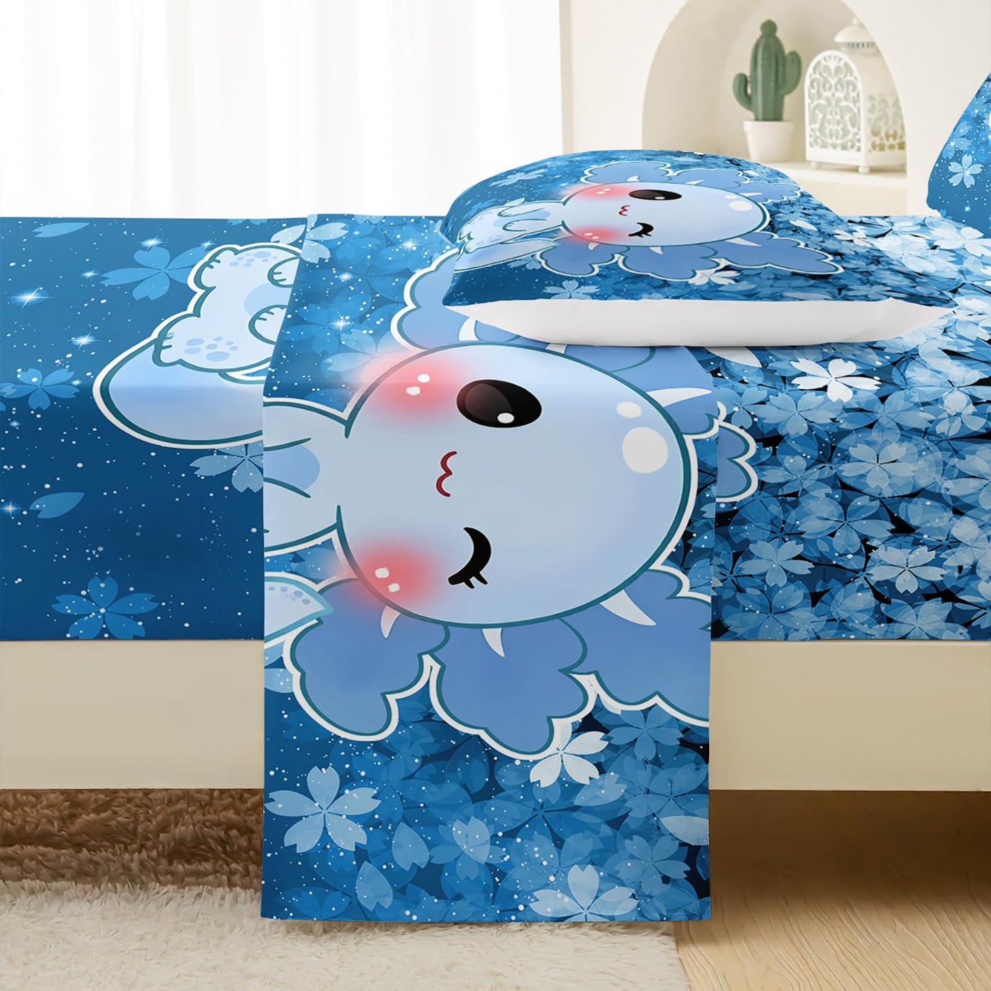 QOOMO Kawaii Axolotl Kids Sheet Set Queen Size,Cherry Print Bedding Set Lightweight All Seasons,Blue Sets for Room Decoration,1 Fitted Sheet,1 Flat Sheet,2 Pillow Cases