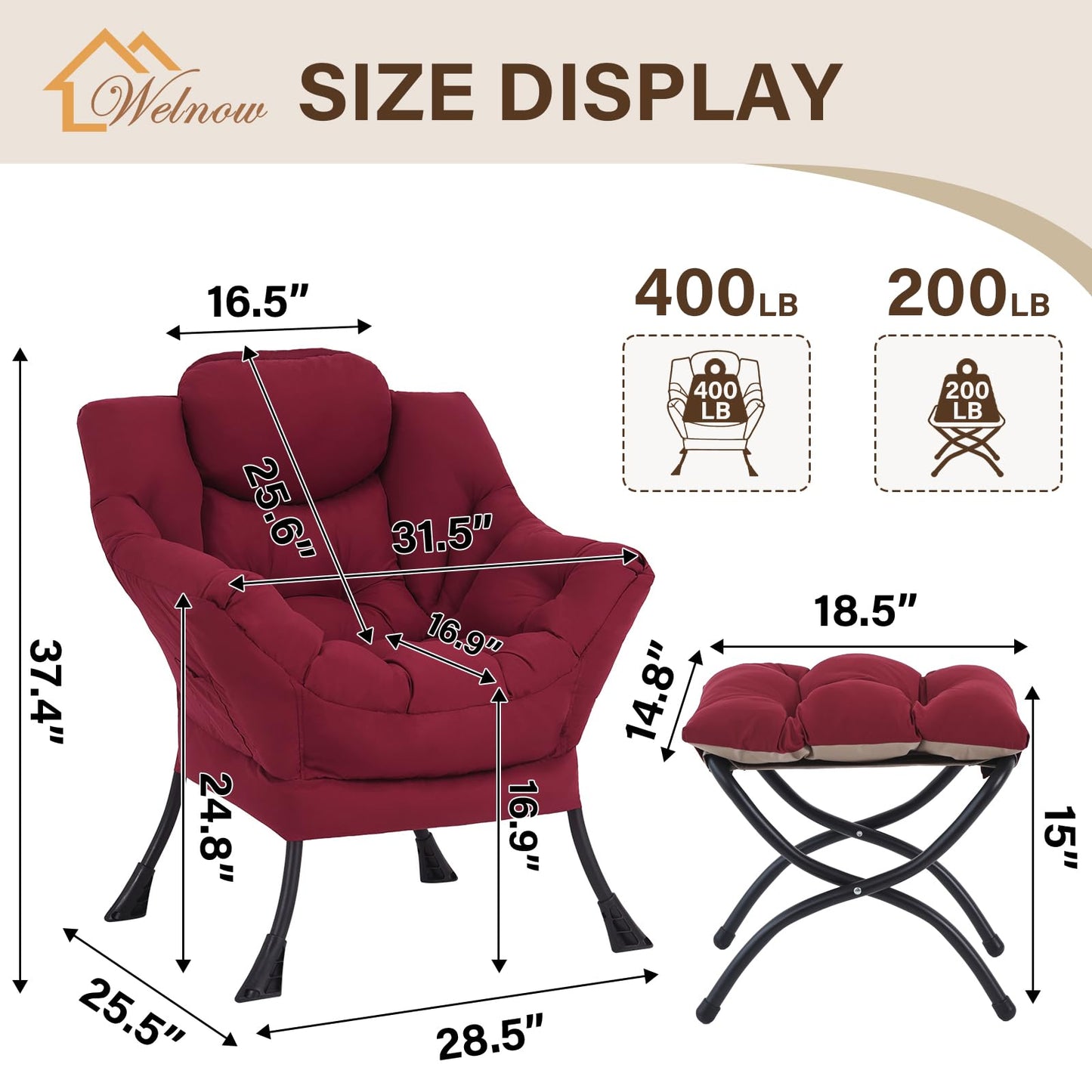 Welnow Lazy Chair with Ottoman, Modern Accent Chair with Armrests and a Side Pocket, Leisure Sofa Armchair, Reading Armchair with Footrest for Small Space, Burgundy
