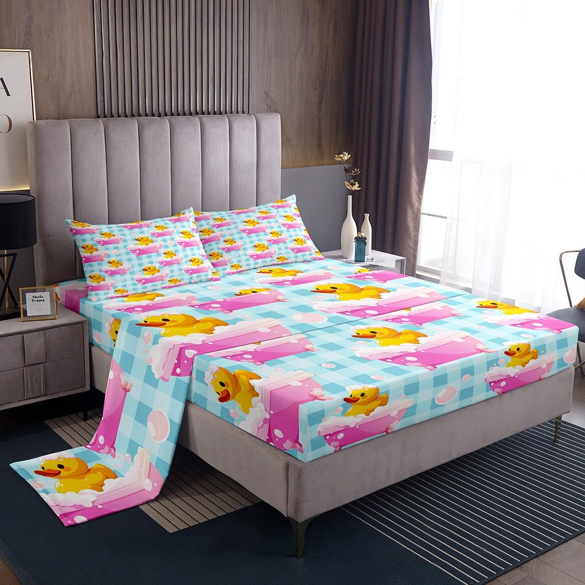 Erosebridal Boys Girls Blue Plaid Bed Sheets Full Size Kids Cute Yellow Duck Flat Fitted Sheet Cartoon Ducks Sheet Set Farmhouse Pet Animal Sheets