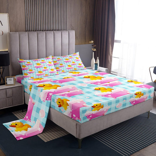 Erosebridal Boys Girls Blue Plaid Bed Sheets Full Size Kids Cute Yellow Duck Flat Fitted Sheet Cartoon Ducks Sheet Set Farmhouse Pet Animal Sheets