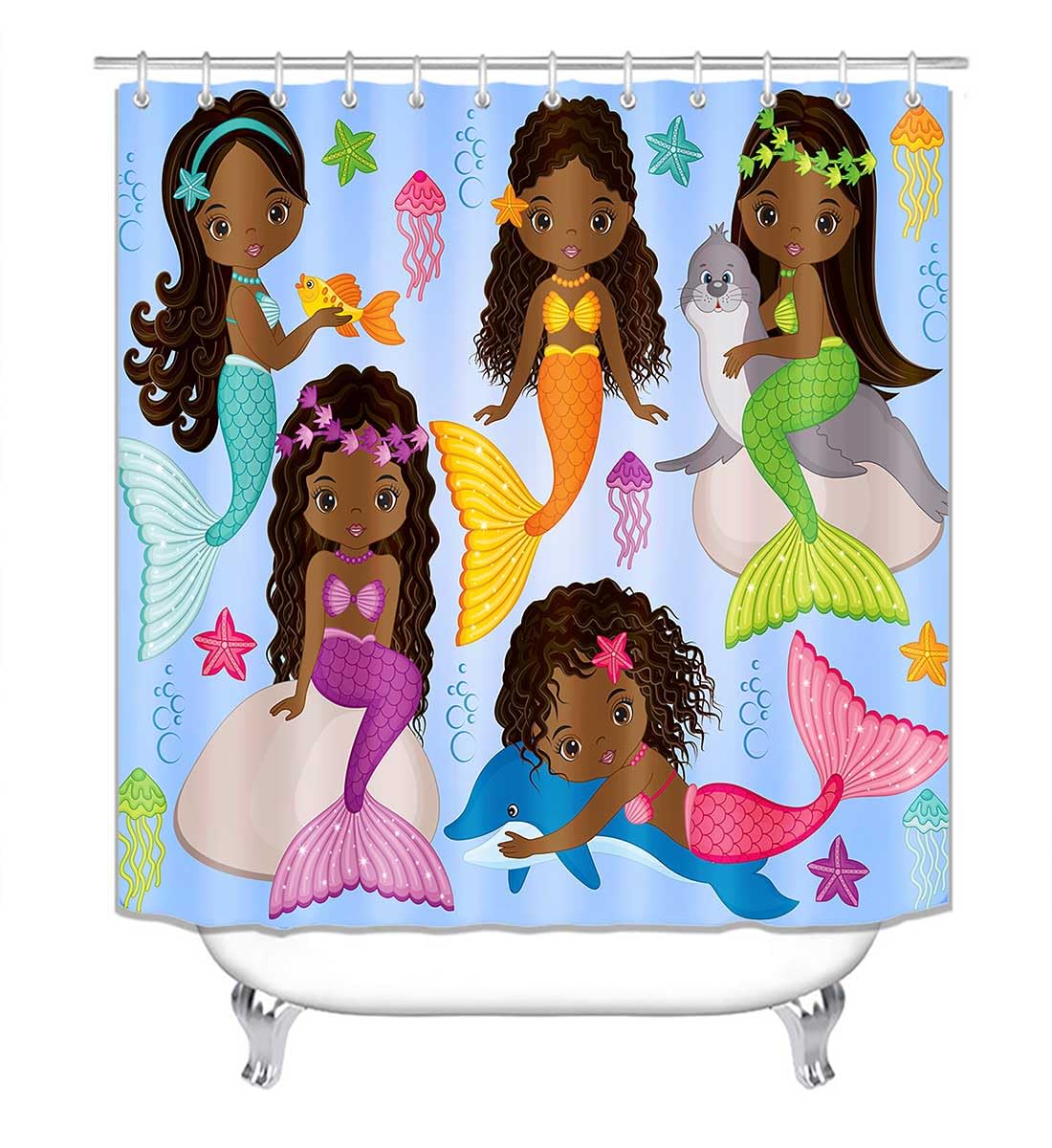 Jayden Madge 4PCS Black Mermaid Shower Curtain Set, African American Women Afro Girl Melanin Princess Underwater Jellyfish Starfish Dolphin Seal Girly Kids Bathroom Decor, Non-slip Bath Mat Toilet Rug