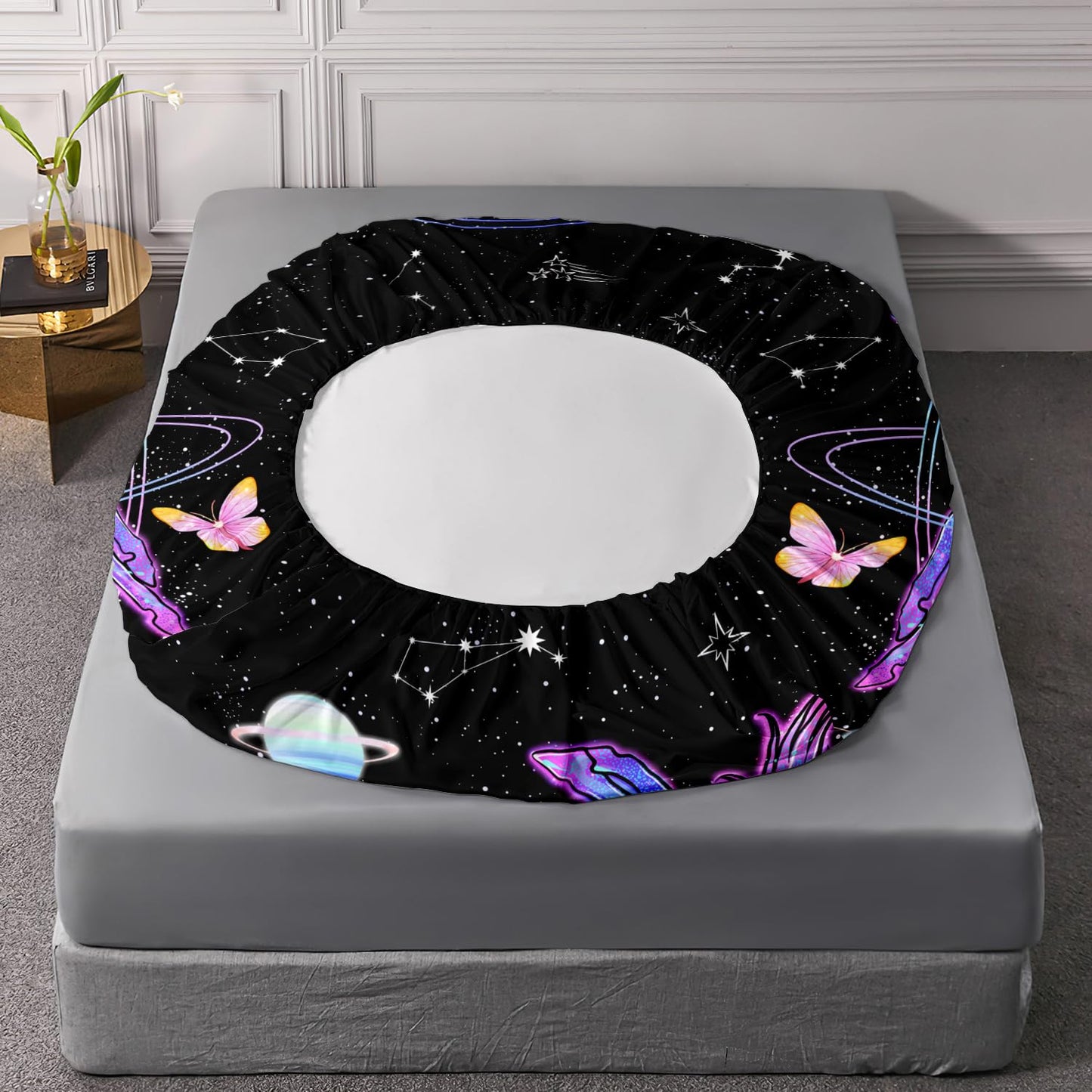 HOSIMA Unicorn Bedding Sets for Girls Kids,Butterfly Star Sky Galaxy Twin Fitted Sheet Unicorn Bedroom Decor,Black Lightweight Soft Easy Care Microfiber Bed Sheet Set with 15-inch Deep Pockets.