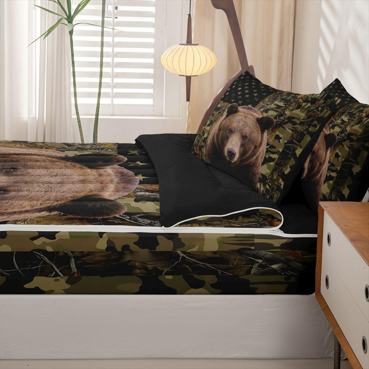 jejeloiu Bear Hunting Camo Zipper Bedding Sets for Kids Boys Girls Rustic Western Bear Twin Comforter Set with Fitted Sheet Green Camouflage Bedroom Decor Microfiber with 2 Pillow Cases