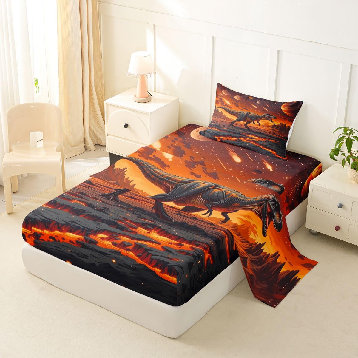 Feelyou Dinosaur Bed Sheets Sets Twin Size Kids Boys Girls 3D Digital Print Bedding Set Jungle Dino Bed Sheet Set with 16-Inch Deep Pockets Wild Animal 3Pcs with 1 Pillow Cases Red Black