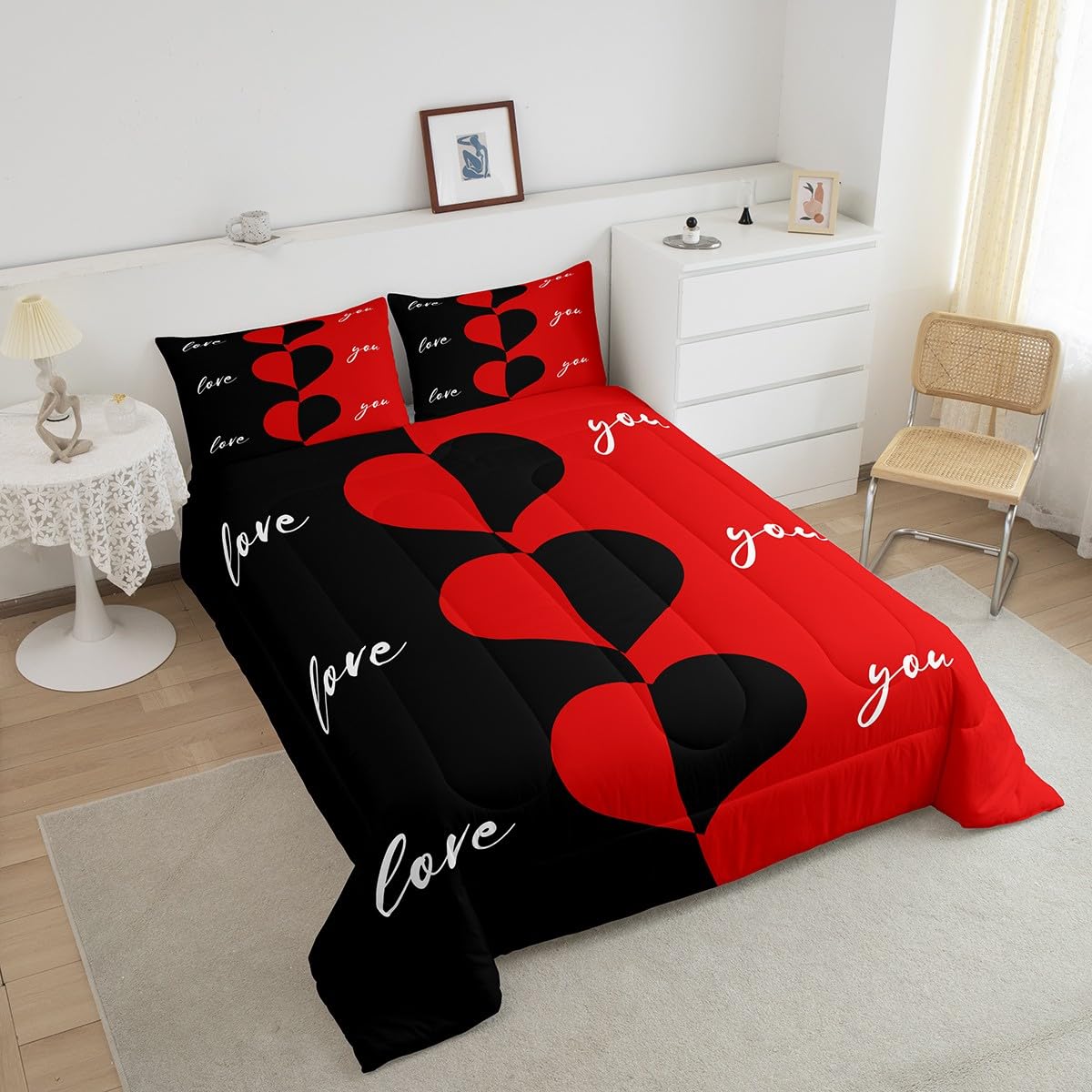 Erosebridal Red and Black Comforter Set Queen Size Romantic Valentine's Day Love Heart Bedding Set for Women Men Couples Wedding Gifts His and Hers Down Comforter Love Duvet Insert Bedroom Decor