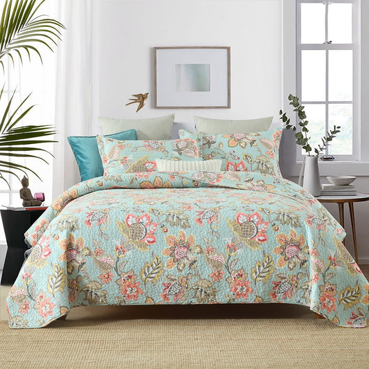 Wistown Cotton Bedspread Bedding Coverlet Quilt Sets, Reversible Vintage Branch Floral Bedspread comforters, (Vintage Floral Blue Pattern, Queen Size)