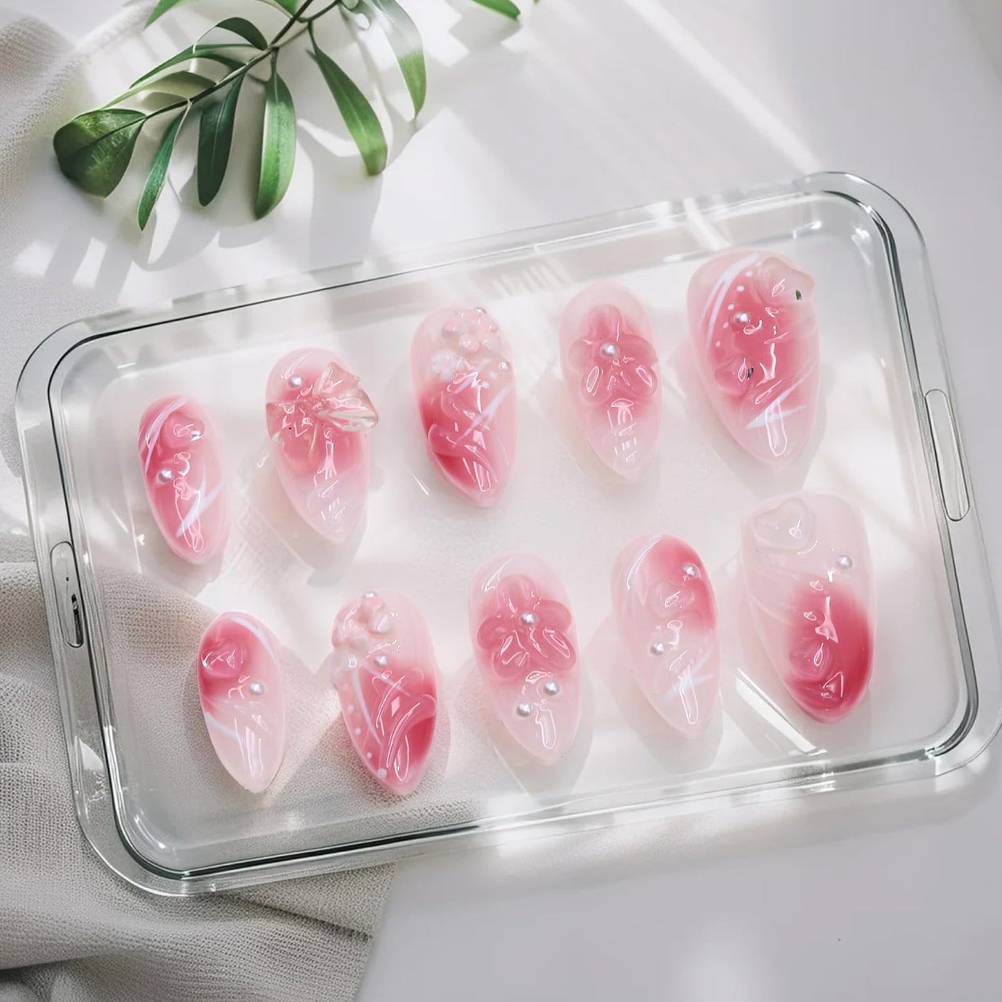 Pink Gradient Press on Nails Handmade Press on Nails Medium Almond Fake Nails Muti-Layer Gel Acrylic Nails with Flower Pearl Bow Embossed Design Thick False Nail Glue on Nail for Women (Size M)