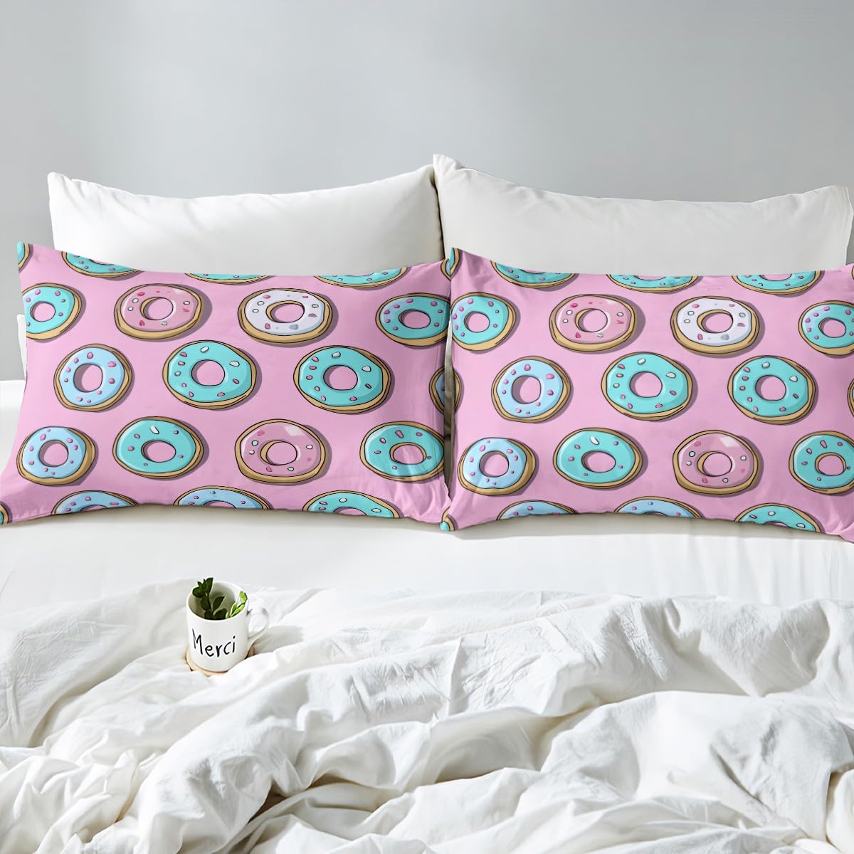 Feelyou Pink Donuts Bed Sheets Set Girls French Macarons Bedding Queen Size Includes 1 Fitted Sheets & 2 Pillowcases (No Flat Sheet)