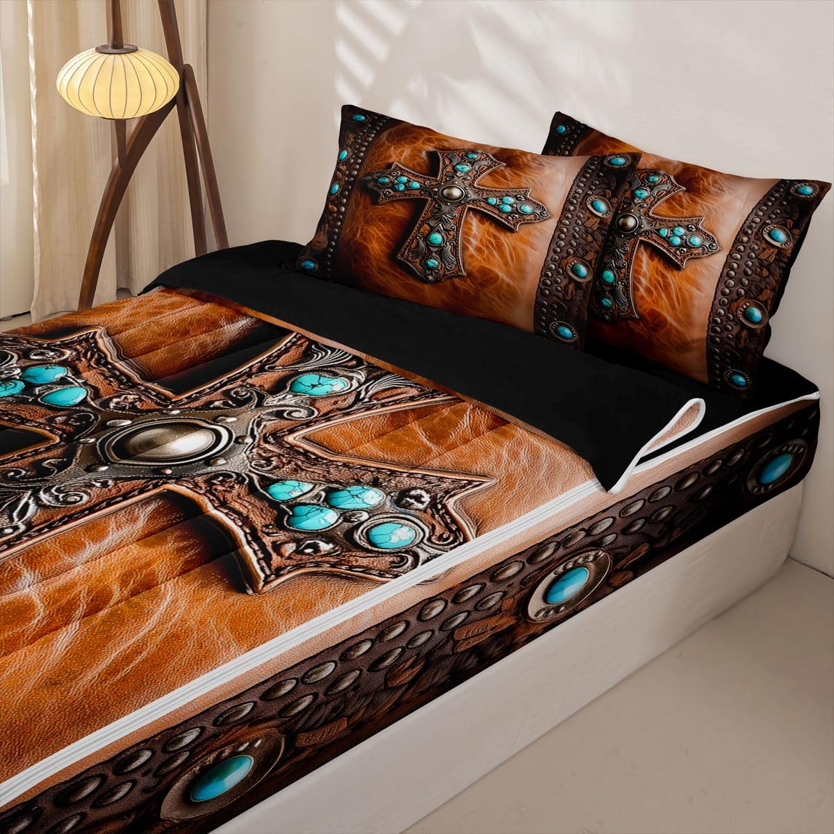 Erosebridal Ethnic Cross Zippered Bedding Set Twin Bohemian Comforter Set Rustic Western Bed in a Bag Southwestern Aztec Zipper Quilt Fitted Sheet,2 Pillowcases