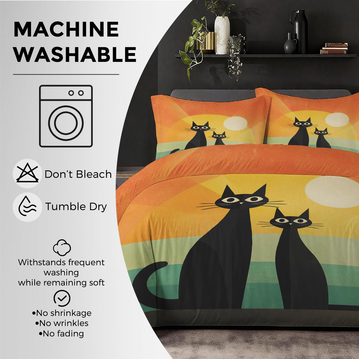 Mid Century Cat Duvet Cover Twin Size, Abstract Boho Sun Kitten Bedding Set 2 pcs with 1 Pillow Cover, Mid Century Modern Bedroom Decor, Soft Microfiber Reversible, Zipper & Ties KJJT 15