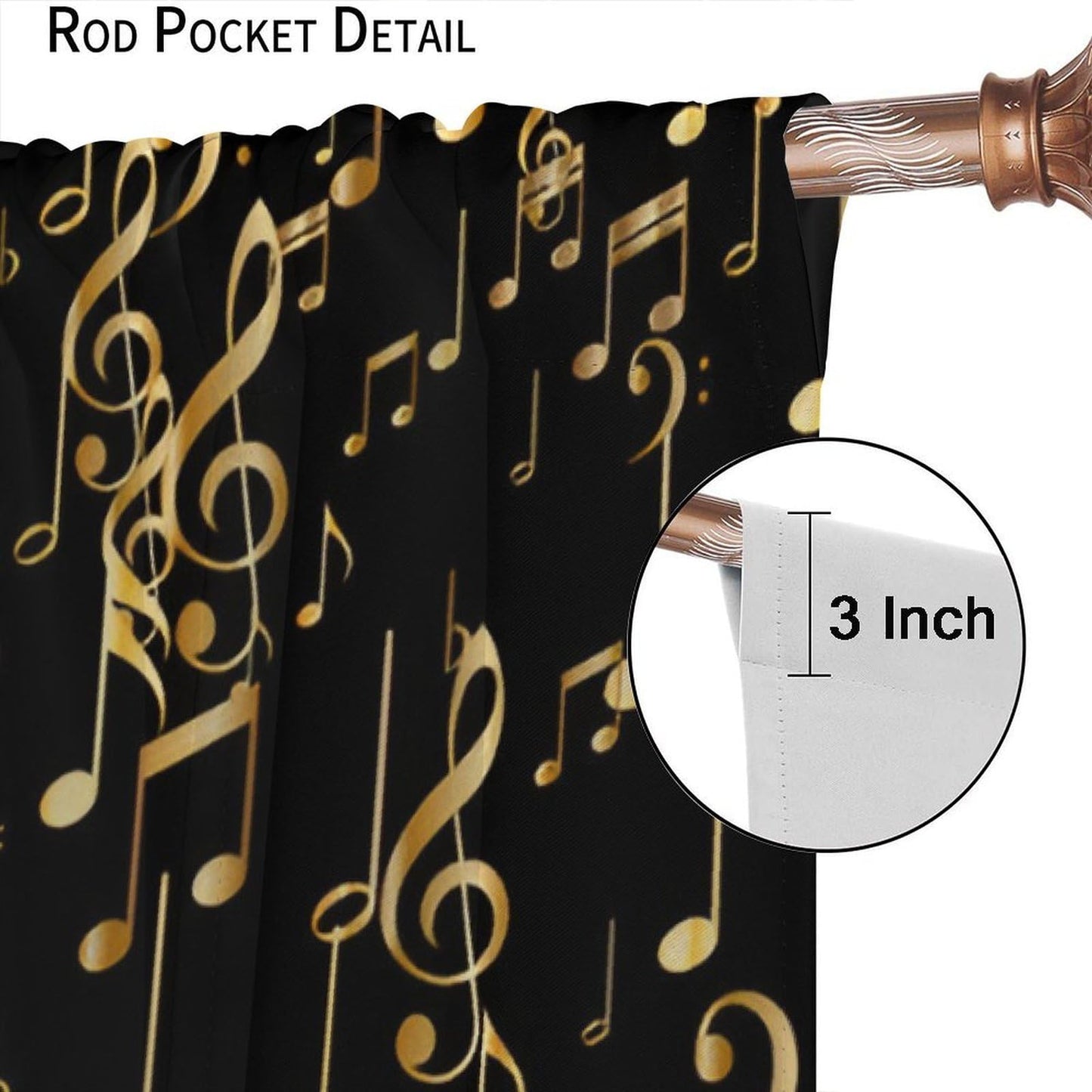Musical Notes Curtains, Golden Music Note Print Black Background Modern Art Window Treatments Drapes for Living Room Bedroom Kitchen Home 42" W X 45" L(No Blackout)