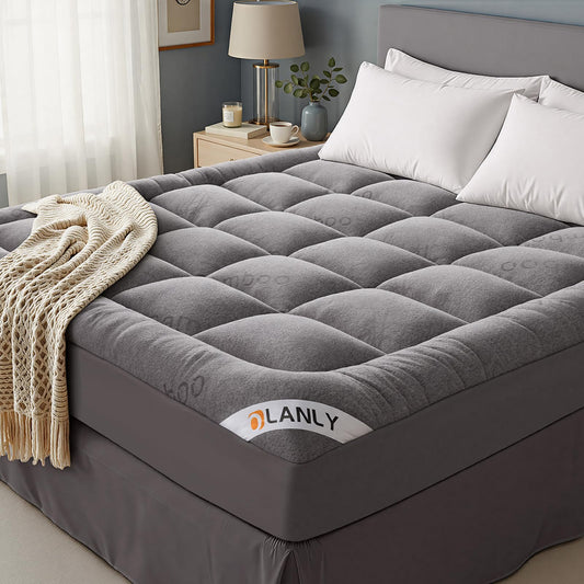 OLANLY Queen Mattress Topper, Bamboo Viscose Cooling Pillow Top Mattress Pad, Soft Plush Down Alternative for Firm Mattress, Back & Hip Pressure Relief, Machine Washable, Deep Pocket, Light Gray