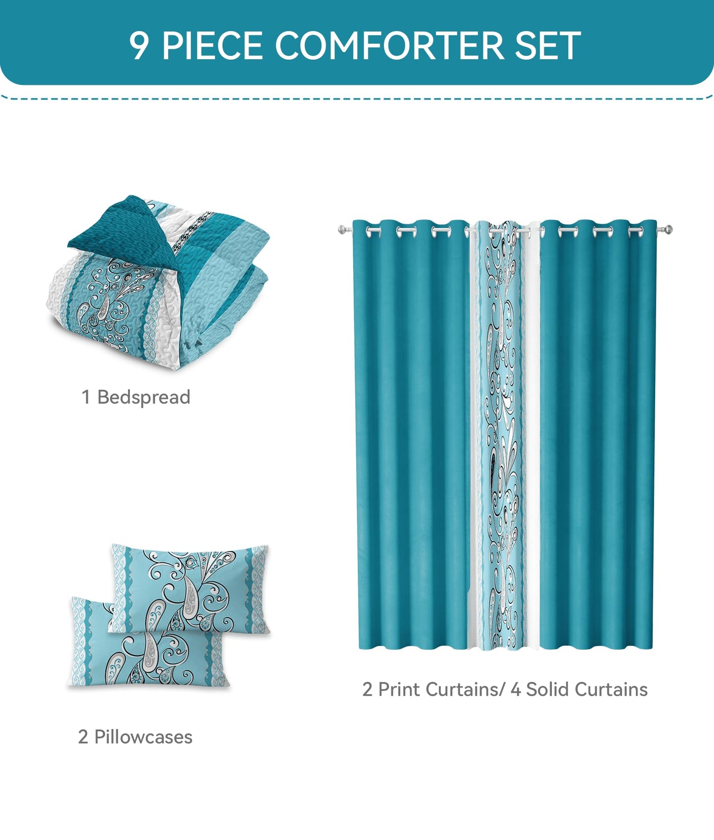 CozyCreatures Vintage Boho Mint Blue King Light Comforter Set, 9-Piece Bed in a Bag with Curtains, Brushed Microfiber Bedspread Set with Matching Curtains for Master Bedroom, Machine Washable