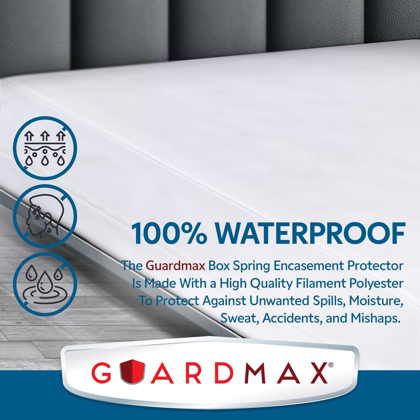 Guardmax Premium Box Spring Cover - Queen Size Waterproof and Bed Bug Proof Zippered Box Spring Encasement - 6 Side Absorbent Boxspring Protects Against Bed Bugs, Dust Mites, Dirt, Spills, and Stains.