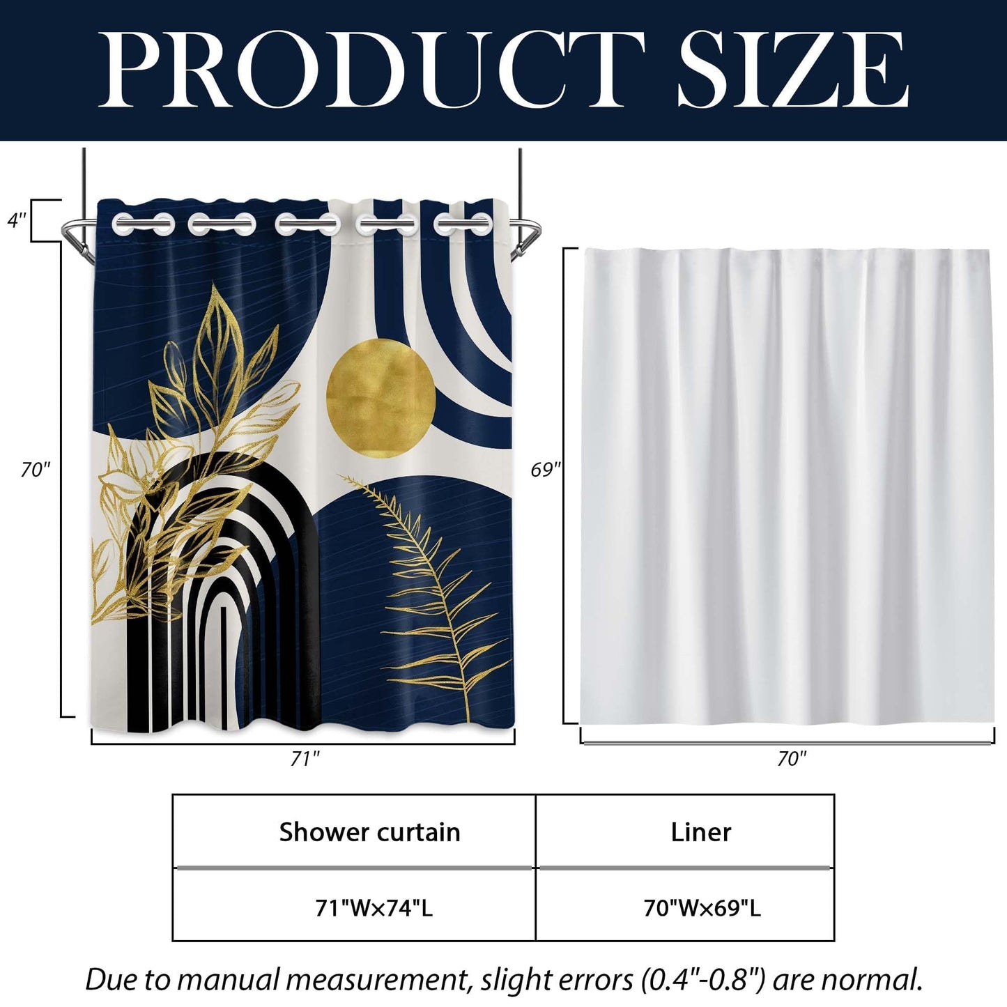 Bxpaitx Navy Blue Hookless Shower Curtain with Snap in Liner Set, Boho Dark Blue and Gold No Hook Shower Curtains for Mens Bathroom, Liner with Magnets, Waterproof Cloth Fabric, 71" W x 74" L