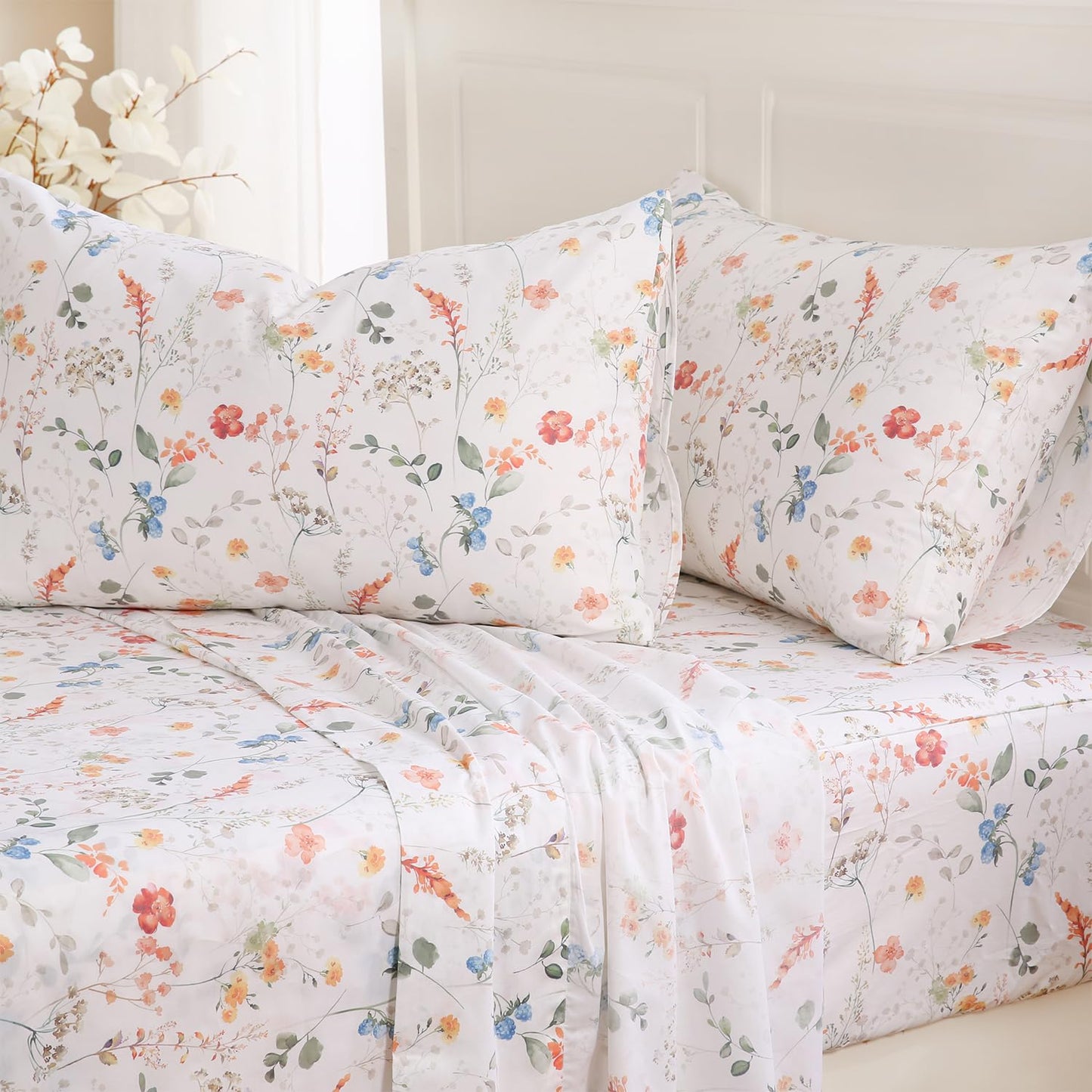 Zusbest Queen Sheet Set Floral Patterned 100% Percale Cotton Orange Blue Flower Sheets Set Green Botanical Printed on White Deep Pocket Fitted Sheets, Crisp Soft Breathable for Hot Sleepers, 4 Pcs