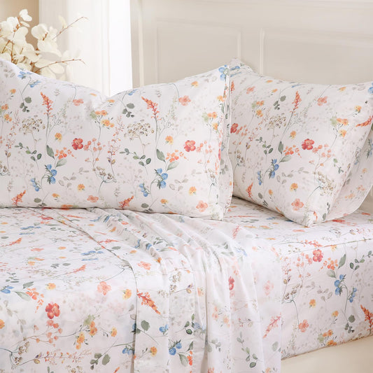 Zusbest Queen Sheet Set Floral Patterned 100% Percale Cotton Orange Blue Flower Sheets Set Green Botanical Printed on White Deep Pocket Fitted Sheets, Crisp Soft Breathable for Hot Sleepers, 4 Pcs