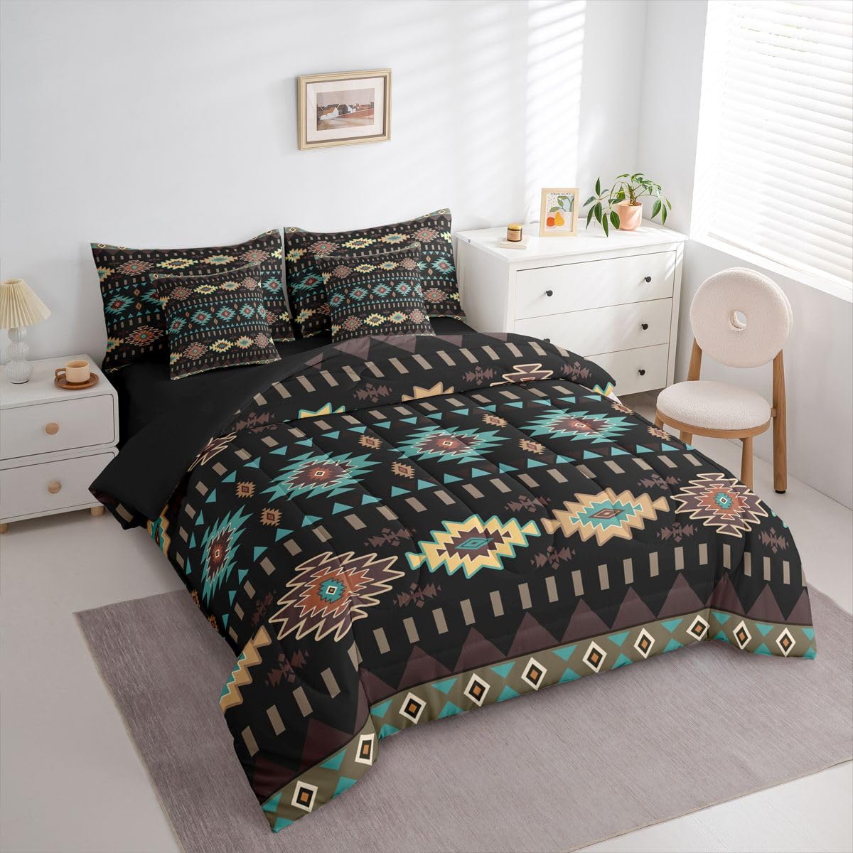Erosebridal Aztec 7 Piece Bedding Set Queen Geometric Comforter Set with Sheets Rustic Boho Mysterious Tribal Retro Bed in a Bag Black Teal Southwestern Simple for Teens Men Women