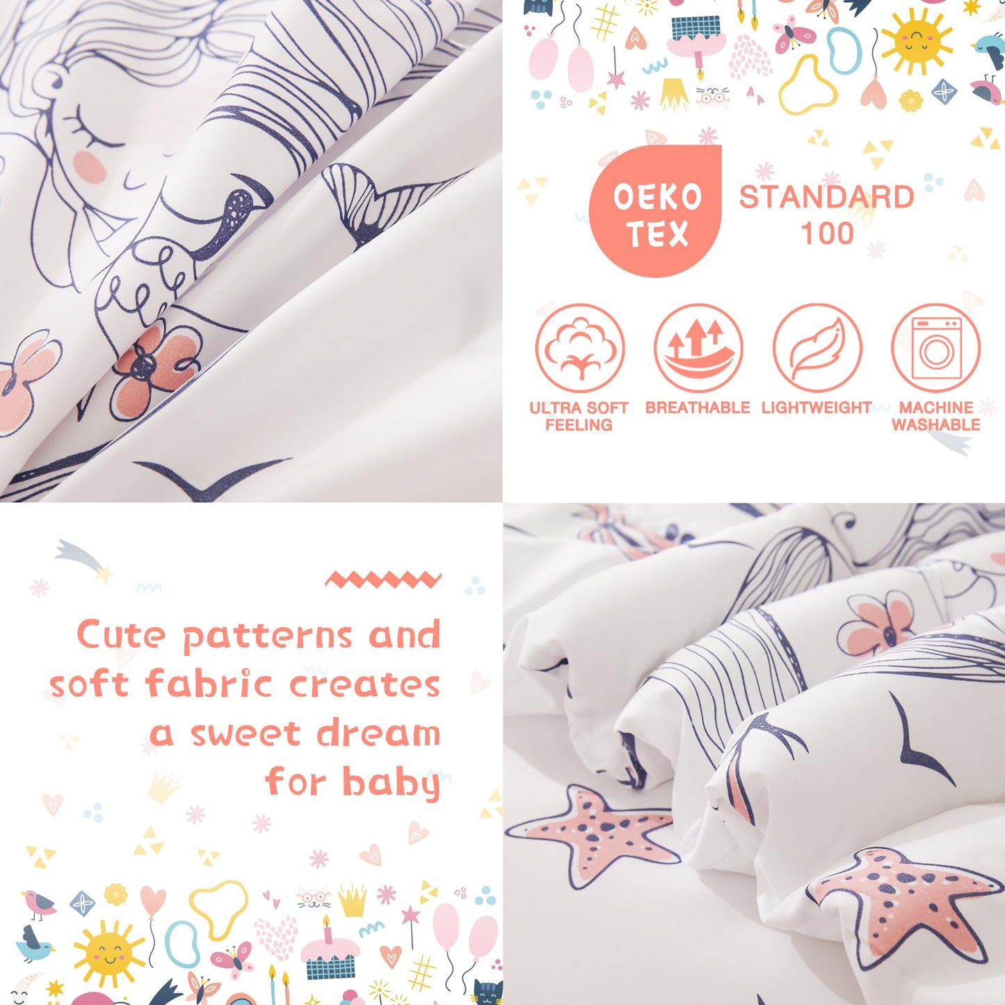 JSD Mermaid Toddler Bedding Set, 4 Piece Ocean Theme Bed-in-a-Bag Toddler Comforter Sheet Set, Machine Washable