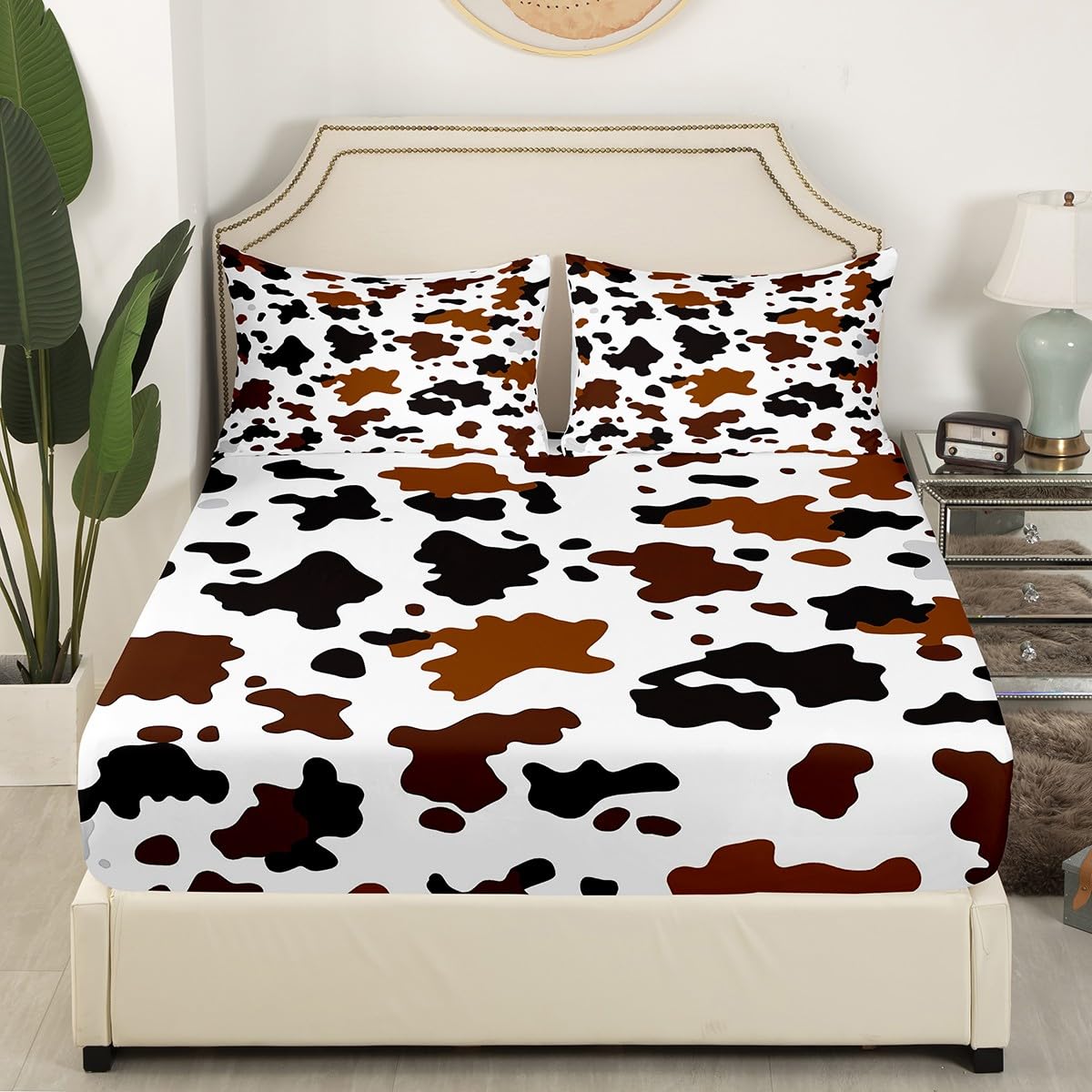 Cowhide Fitted Sheet Farm Cow Print Bedding Sets Brown Black Tie Dye Sheet Set for Kids Boys Girls Adults Farmhouse Animal Western Cowboy Top Flat Sheet with 2 Pillow Cases King