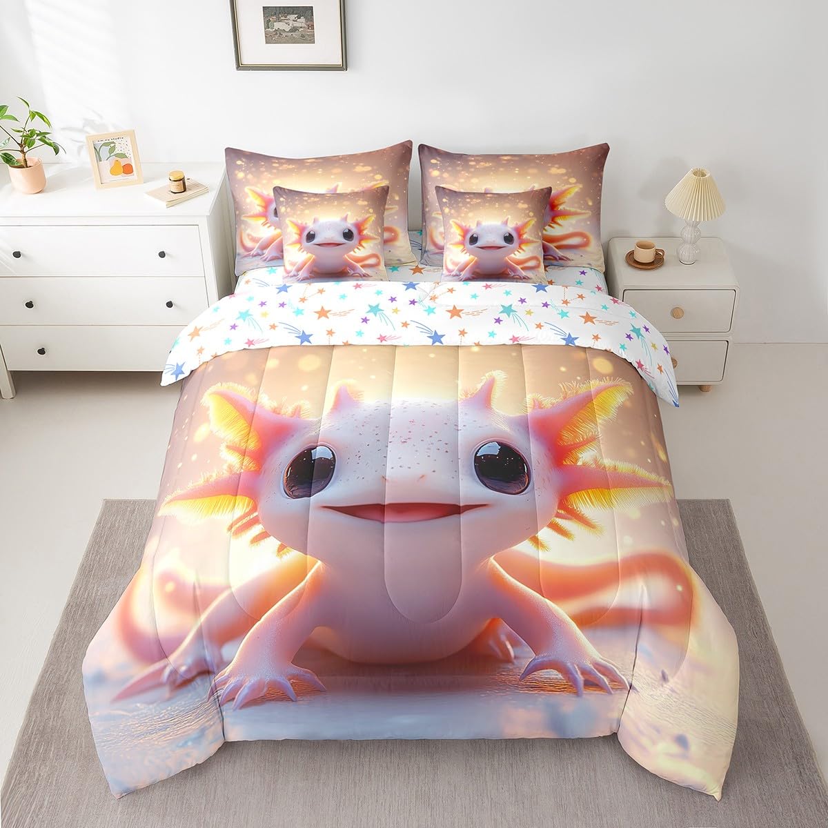 Feelyou Kids Cute Axolotl Comforter Set with Sheets Twin Size, Cartoon Salamander 7 Pieces Bedding Set Boys Girls Kawaii Animal Bed in A Bag Ocean Sealife Teens Bed Set Bedroom Decor 7Pcs
