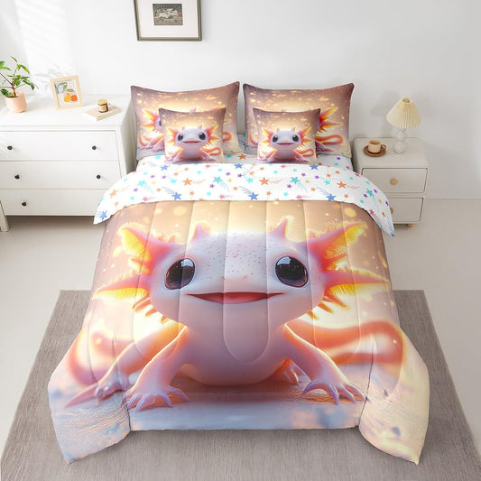 Feelyou Kids Cute Axolotl Comforter Set with Sheets Twin Size, Cartoon Salamander 7 Pieces Bedding Set Boys Girls Kawaii Animal Bed in A Bag Ocean Sealife Teens Bed Set Bedroom Decor 7Pcs